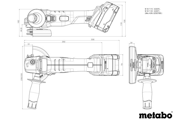 Акумуляторна кутова шліфмашина Metabo W 18 7-125 + 2 АКБ 4 Аг із ЗП і кейсом METABOX 165 L (602371510) фото 5