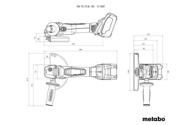 Акумуляторна болгарка Metabo WB 18 LTX BL 180 каркас в кейсі (613087840) фото 3
