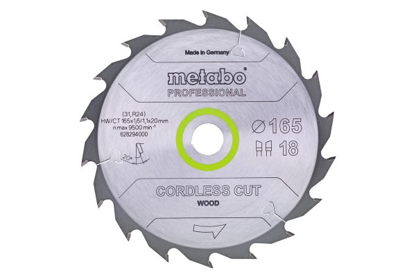 Диск пиляльний METABO «CORDLESS CUT WOOD - PROFESSIONAL», 165X20 Z18 WZ 20° (628294000)  фото 