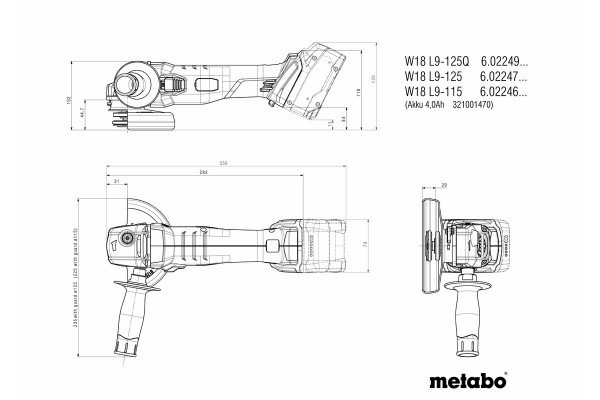 Акумуляторна кутова шліфувальна машина Metabo W 18 L 9-125 (602247850) фото 9