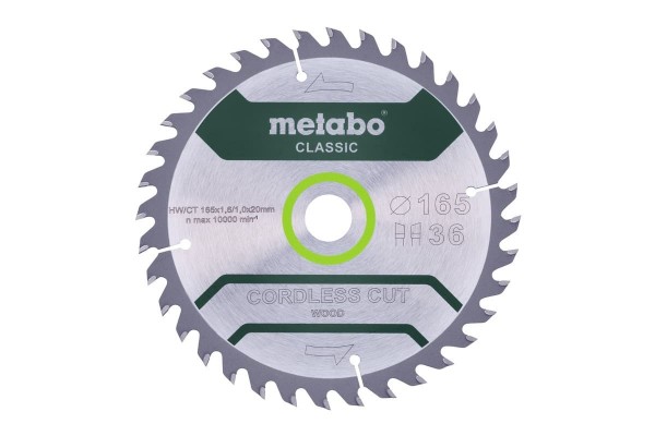 Диск пиляльний METABO «CORDLESS CUT WOOD - CLASSIC», 165X20 Z36 WZ 15° /B (628660000)  фото 